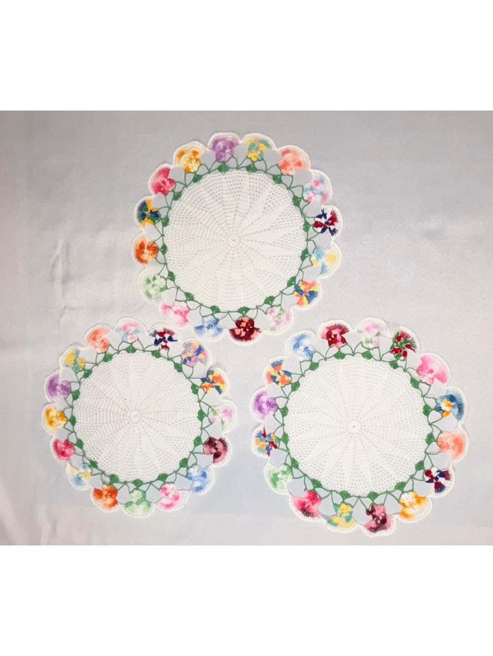 Vintage Handmade Crochet Pansy Doilies Set of 3, 3D Flower Border Lace Placemats